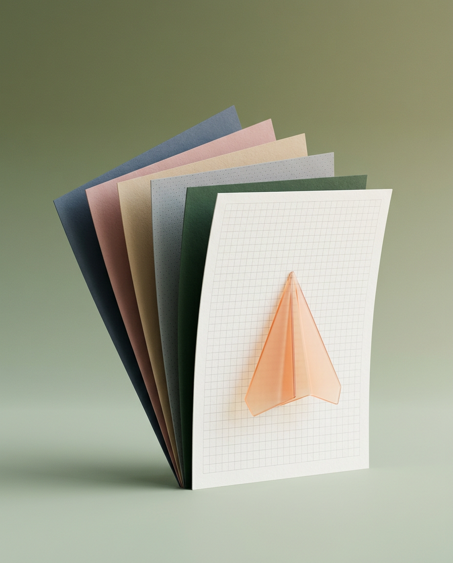 Illustration : des feuilles de papier en éventail, dont une à petits carreaux portant un avion en papier orange translucide