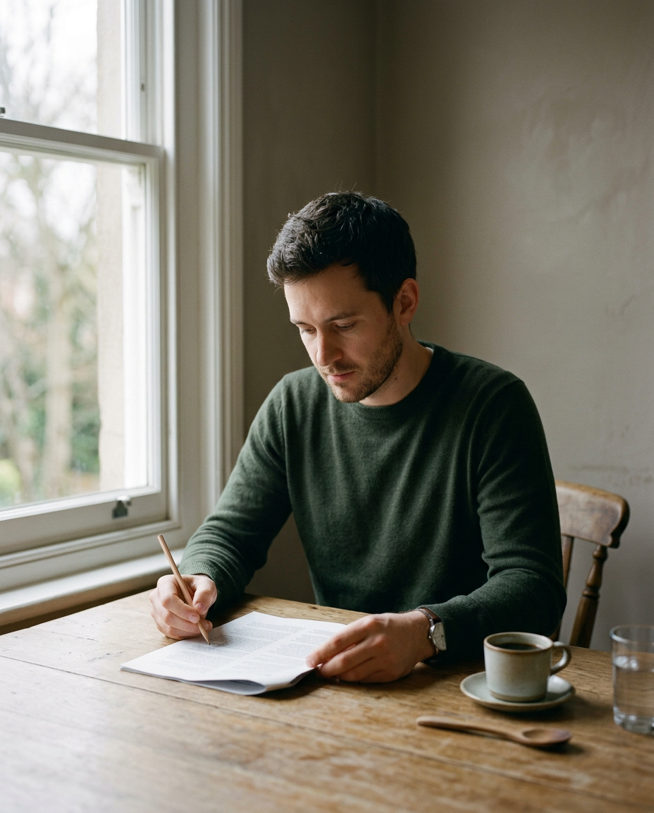 Illustration : un homme lit un relevé sur papier à une table de cuisine, crayon en main